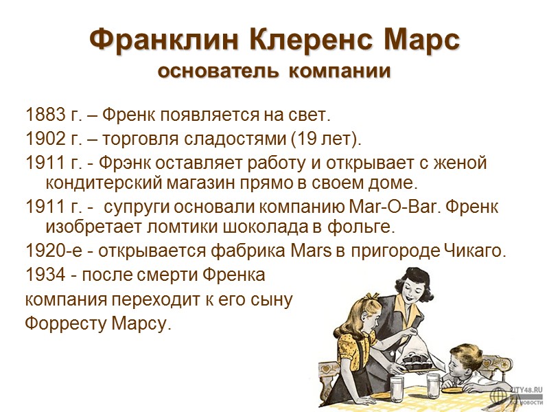 Франклин Клеренс Марс основатель компании 1883 г. – Френк появляется на свет. 1902 г.